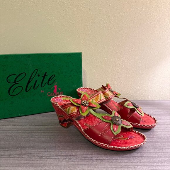 Elite By Corkys Womens Red Floral Leather Wedge Sandals Size 9 NIB - Picture 2 of 9